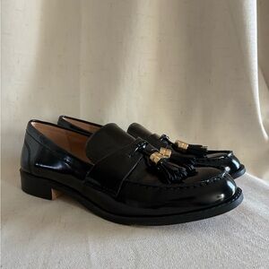 Zara Black Patent Tassel Loafers Size 38/7.5 | Gold Hardware Classic Flats